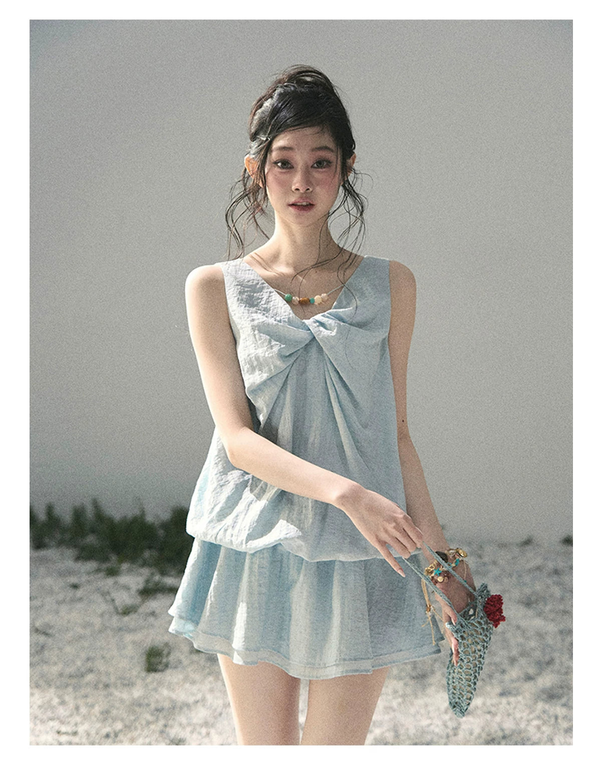 “Whispering Grass” Moonlight Blue Twist Mini Dress