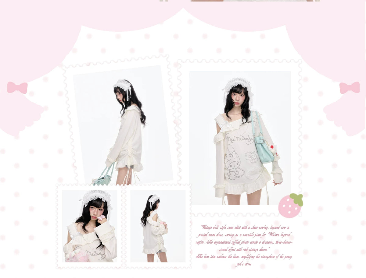 “Sweet Bloom” Ivory My Melody Asymmetric Oversized Top