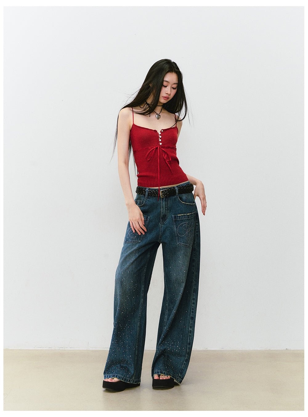 VIAPITTI - Statement Rhinestone Wide-Leg Jeans (White/ Blue)