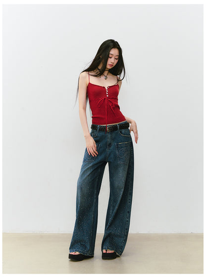VIAPITTI - Statement Rhinestone Wide-Leg Jeans (White/ Blue)