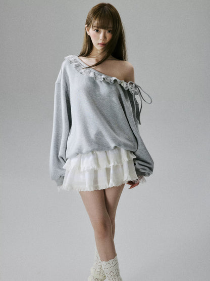 LOST FOREST - Heather Gray One-Shoulder Eyelash Lace Cotton Sweatshirt
