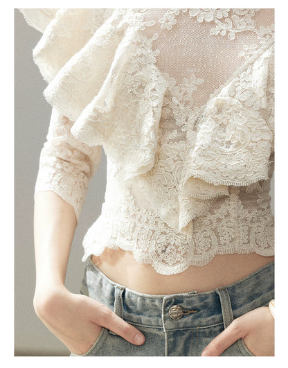 "Translucent Bloom" Dutch Cheese Lace Cropped Top