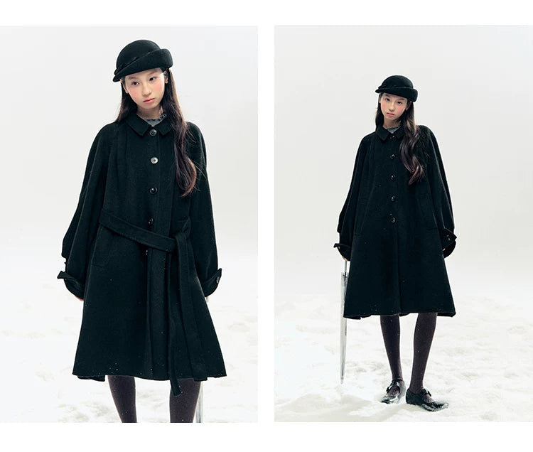 "Black & White Waltz" Hand-Stitched Wool-Blend Swing Coat (Ivory/ Black)