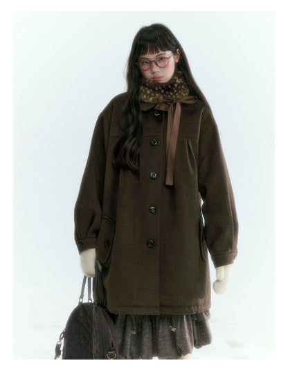 Horridale - Peter Pan Collar Pleated Mid-Length Wool-Blend Coat – Brown Coffee