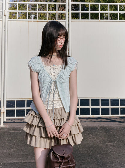 "Blooming Branches" Fresh Layered Collection (Mint Green Tie-Front Cardigan / Oat Blouse / Beige Polka Dot Skirt)