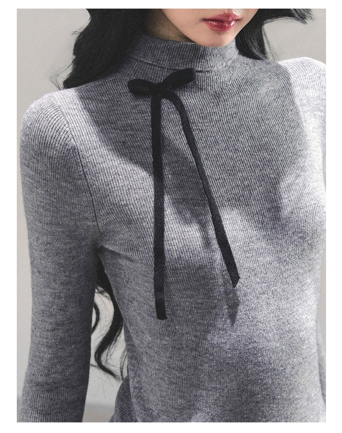 少也眼 “Velvet Touch” Semi-Turtleneck Long Sleeve Knit Top - Gray 586255478