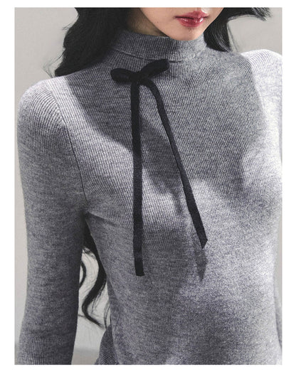少也眼 “Velvet Touch” Semi-Turtleneck Long Sleeve Knit Top - Gray 586255478