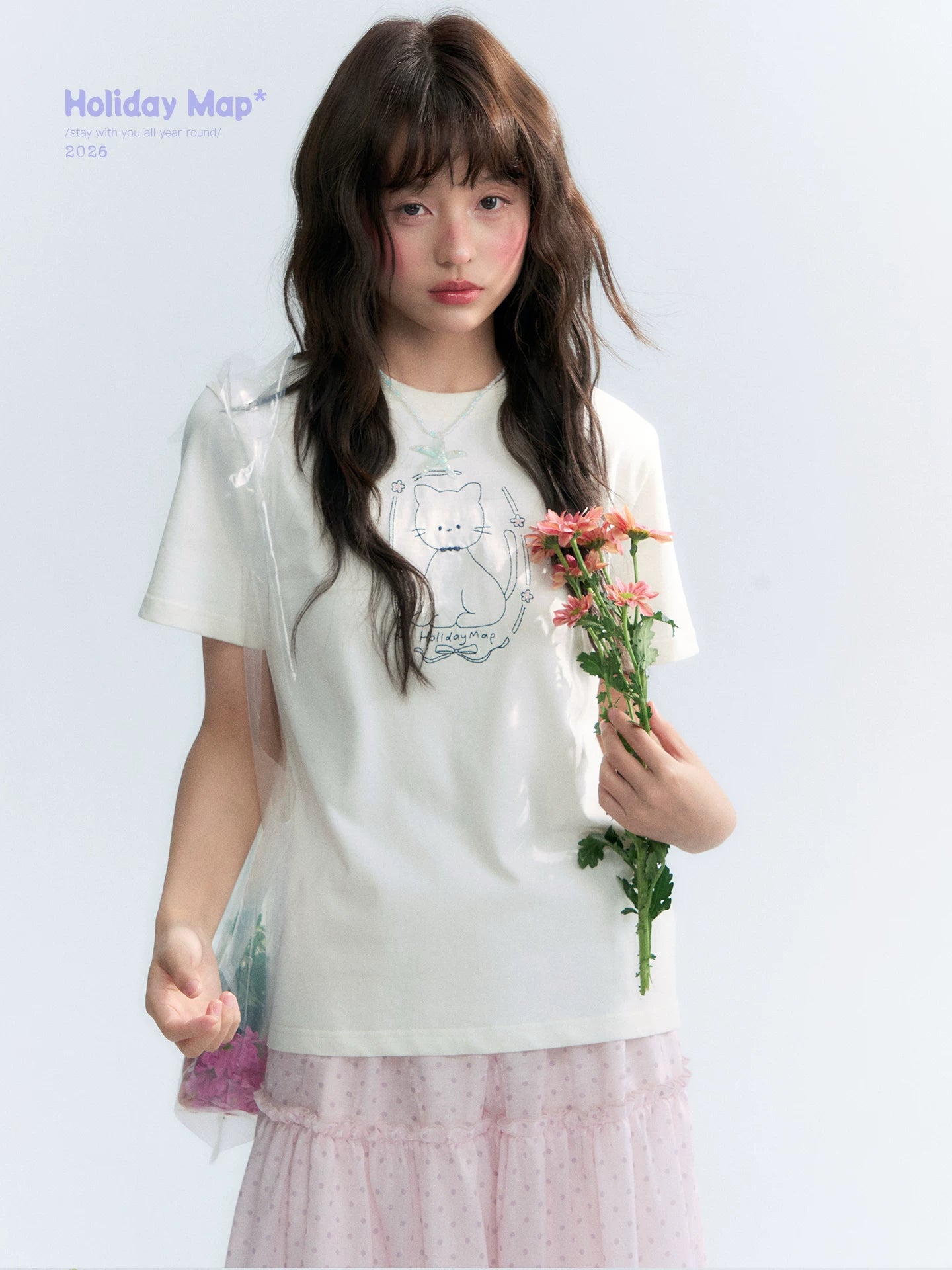 "Garden Kitty" Ivory Embroidered Cat Cotton T-Shirt