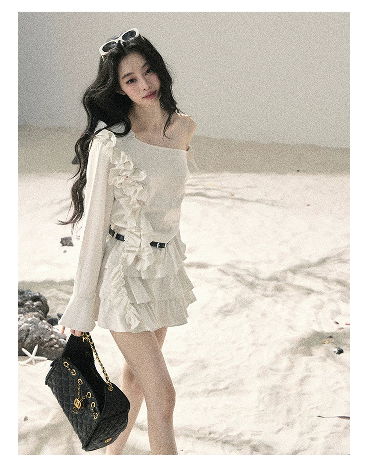 "Petals of Early Summer" Mist White Ruffle One-Shoulder Cake Dress (With Belt) 58648