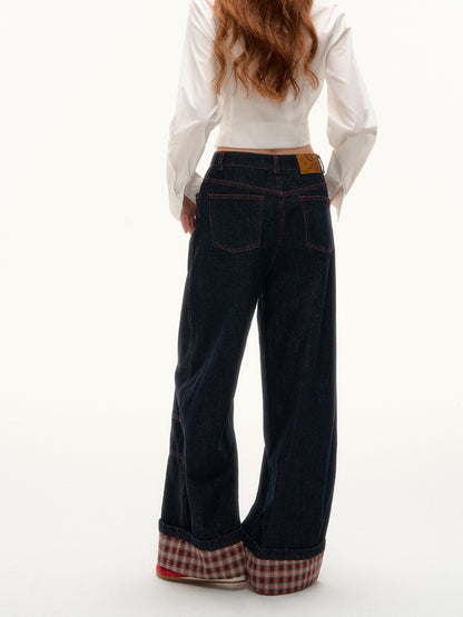 ASGONY - Plaid Cuff Contrast Wide-Leg Raw Denim Jeans (Red Plaid)