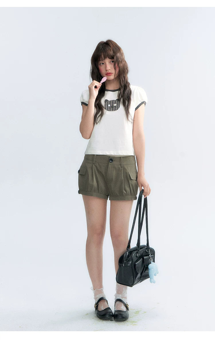 "Hide and Seek" Ivory Cat Patchwork Embroidered Puff Sleeve T-Shirt