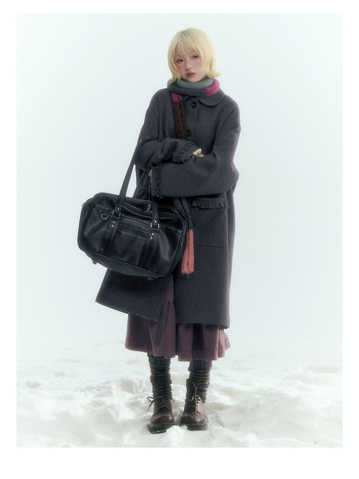 Horridale - Korean-Inspired Dark Gray Ruffle-Trim Long Wool-Blend Coat