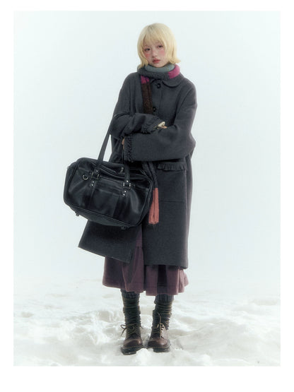 Horridale - Korean-Inspired Dark Gray Ruffle-Trim Long Wool-Blend Coat