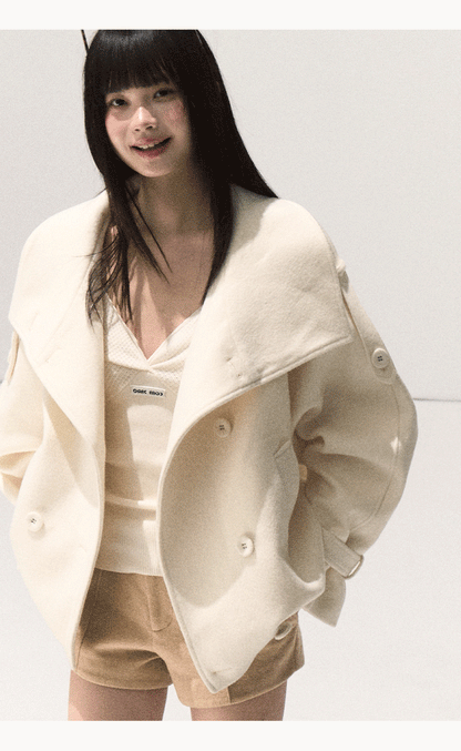OAKMOO/ Sand Beige Wool Stand-Collar Short Coat