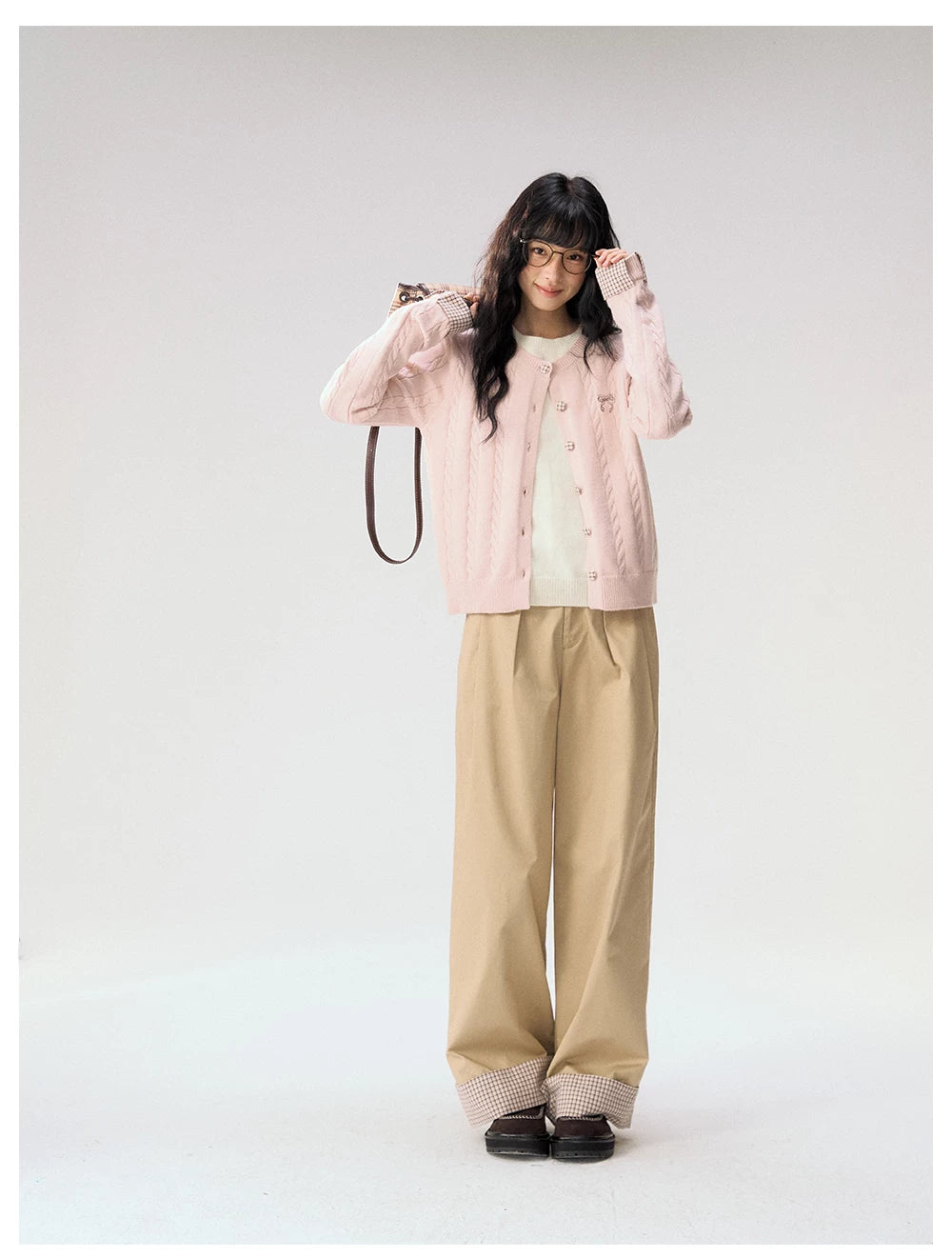 [CAN] "Strawberry Toast" Khaki Plaid Cuff Wide-Leg Pants