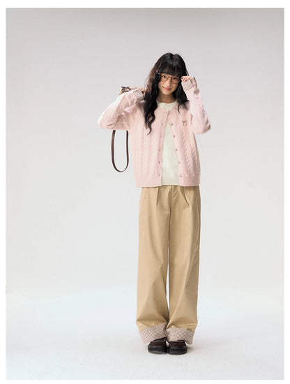 [CAN] "Strawberry Toast" Khaki Plaid Cuff Wide-Leg Pants