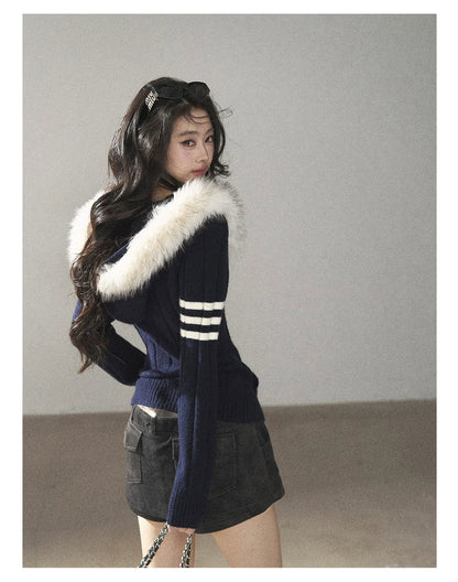 AOMALM - Blue Hooded Cable-Knit Sweater Jacket with White Stripes