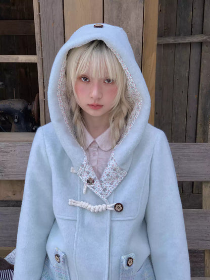 RF - Light Blue Plaid Mid-Length Wool-Blend Coat with Toggle Closures