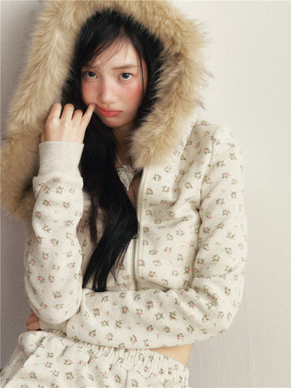 1P - Floral Faux Fur Hooded Fleece Two-Piece Set – Hoodie & Jogger Pants