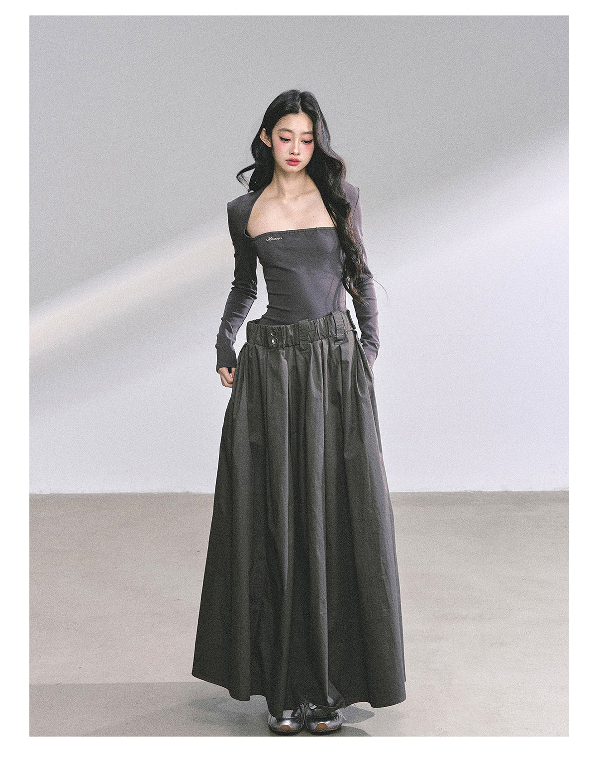少也眼 "K-Show Muse" Elegant French Hepburn Long-Sleeve Dress - Gray 47867864
