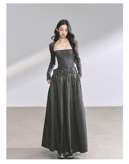 少也眼 "K-Show Muse" Elegant French Hepburn Long-Sleeve Dress - Gray 47867864