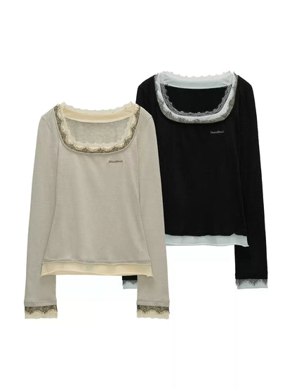 MAMC - Layered Lace Trim Long Sleeve T-Shirt (Black)