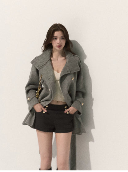 OAKMOO/ Pure Wool Belted Double-Faced Stand Collar Coat (Silver Blue / Flint Gray)