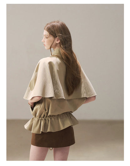 AOMALM - "Through the Oak Grove" Almond Taupe Cape Coat with Drawstring