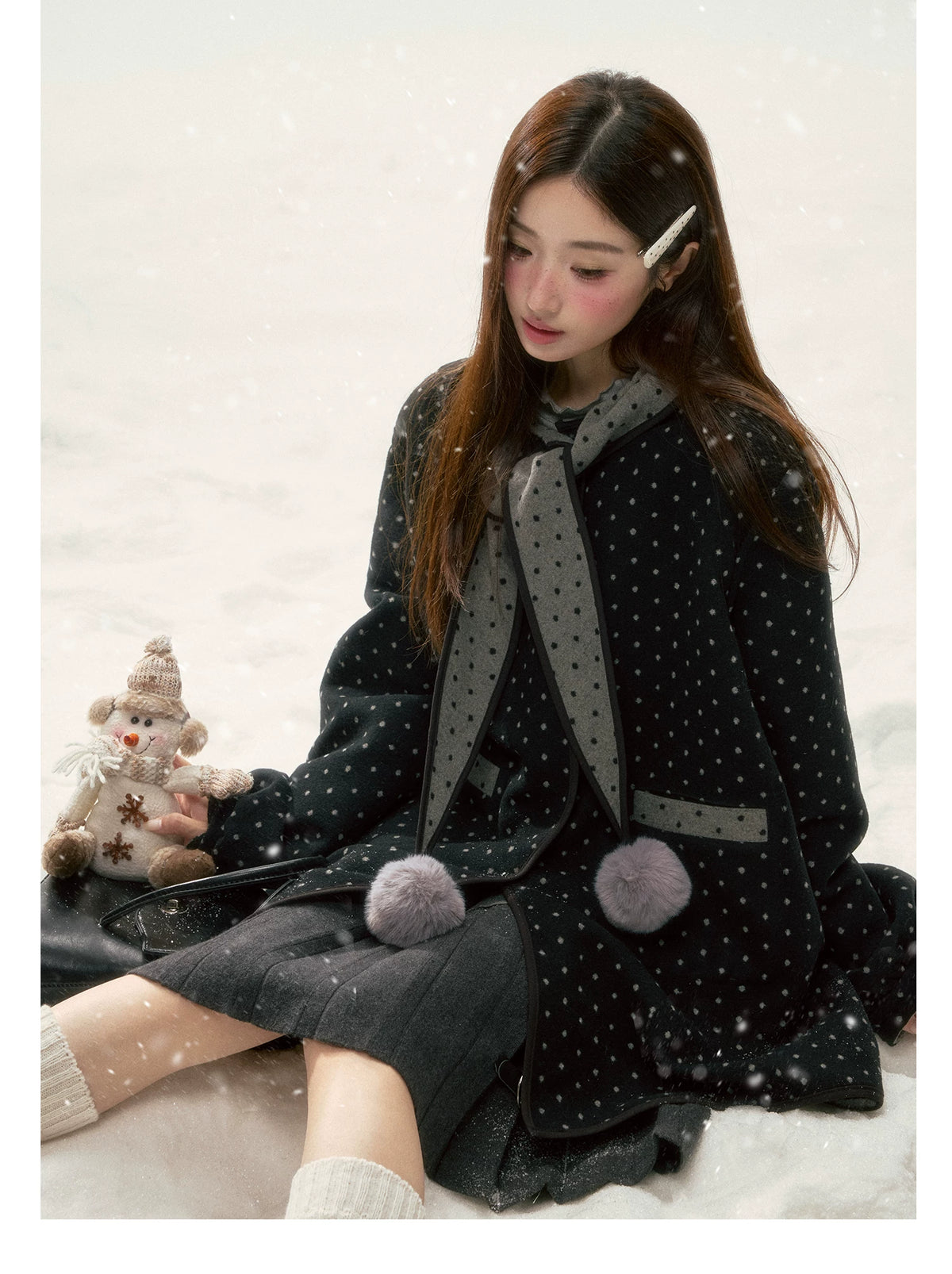 BIBIBENCY - Gray & Black Reversible Polka Dot Wool-Look Coat