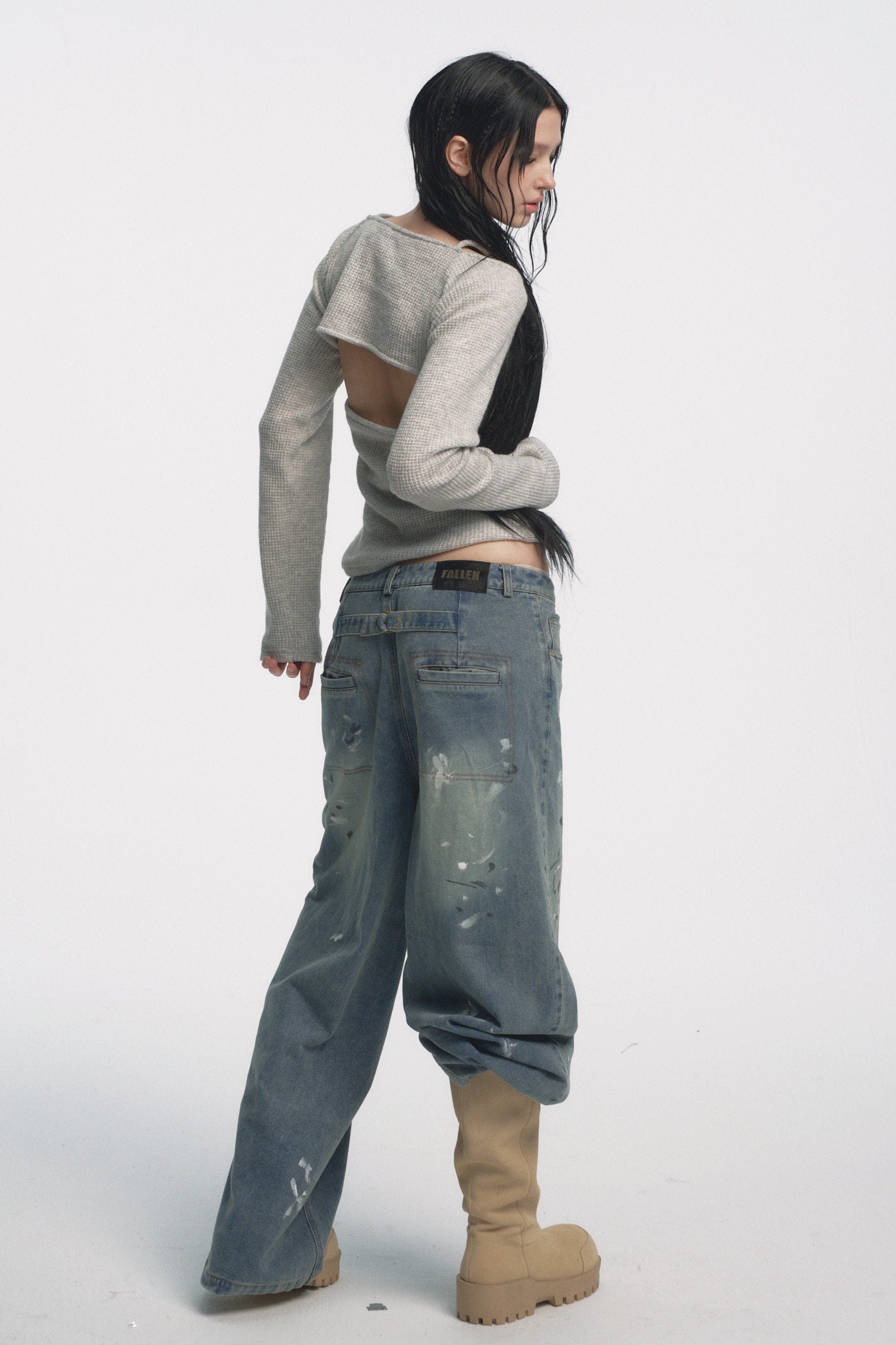 Muirgen - Y2K Mid-Low Rise Paint-Wash Loose Cargo Denim Pants - Paint-Wash Denim
