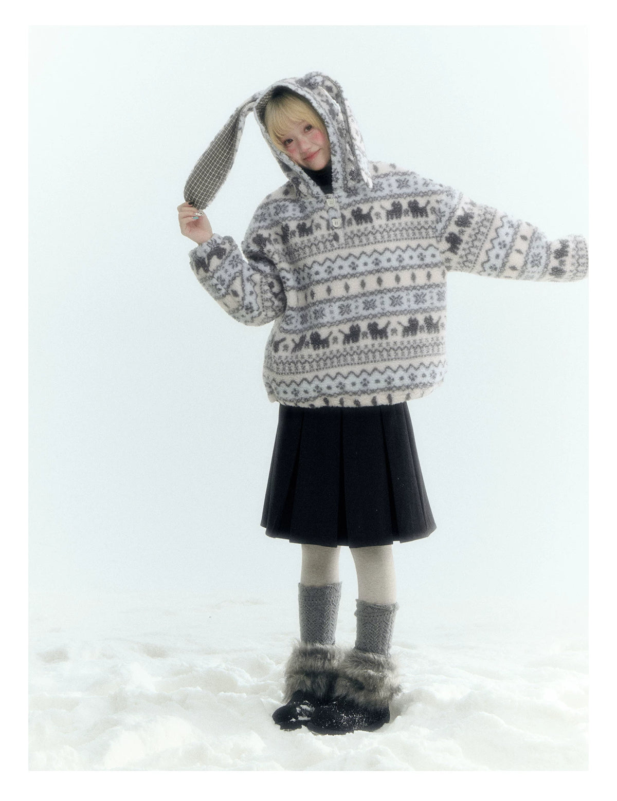 Horridale - Pink Fair Isle Cat Sherpa Fleece Hoodie with Bunny Ears