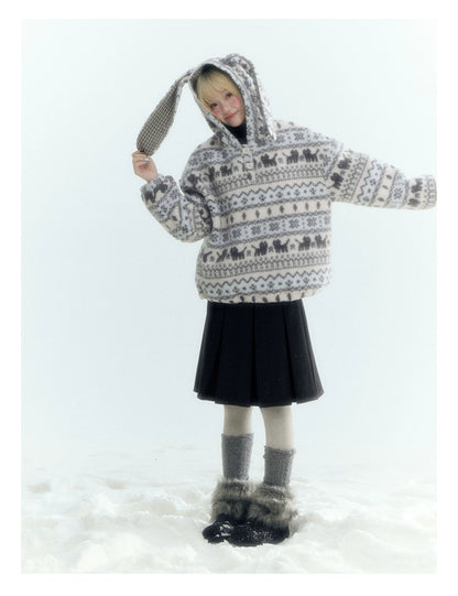 Horridale - Pink Fair Isle Cat Sherpa Fleece Hoodie with Bunny Ears