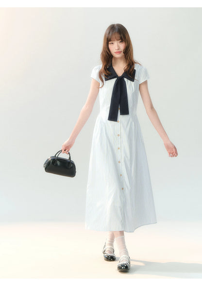 "Academy Breeze Letter" White Stripe Contrast Collar Dress