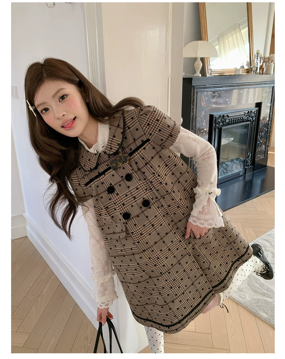 “Hazel Rococo Reverie” Khaki Plaid Polka Dot Dress