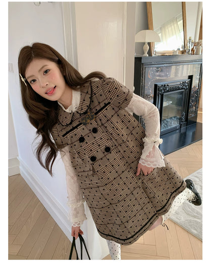“Hazel Rococo Reverie” Khaki Plaid Polka Dot Dress