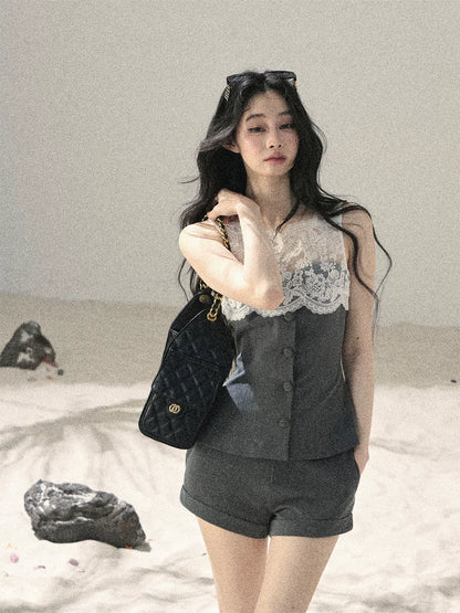 "Blossoms Through the Mist" Moon Mist Gray Lace Top & Tailored Shorts Two-Piece Set
