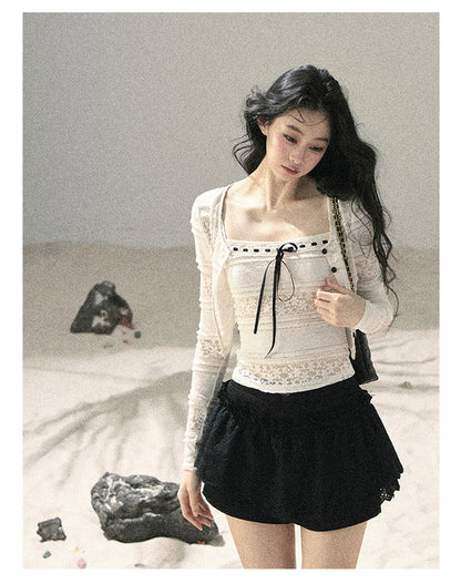"Summer Shimmer Reverie" Creamy Oat White Lace Cutout Cardigan & Camisole Set 5864536513