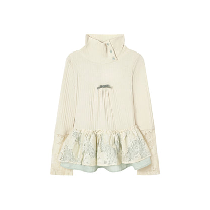 KYOUKO - Leaf Green Knit Top, White Ribbed Tee & Denim Blue Polka-Dot Skirt Set