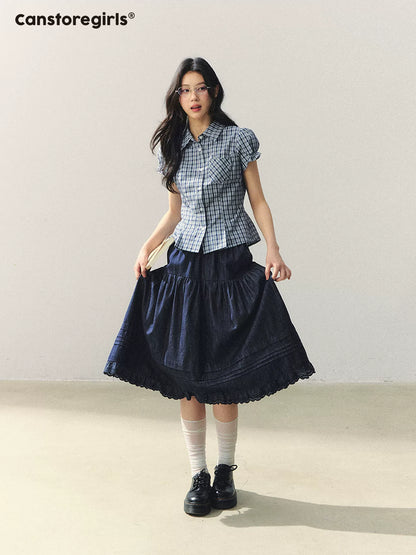 "Cheongdam Girl Mood" Fitted Plaid Puff Sleeve Blouse LL2026049