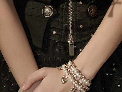 Layered Pearl Heart Charm Bracelet – Vintage Lock Heart Multi-Strand Beaded Bracelet for Women