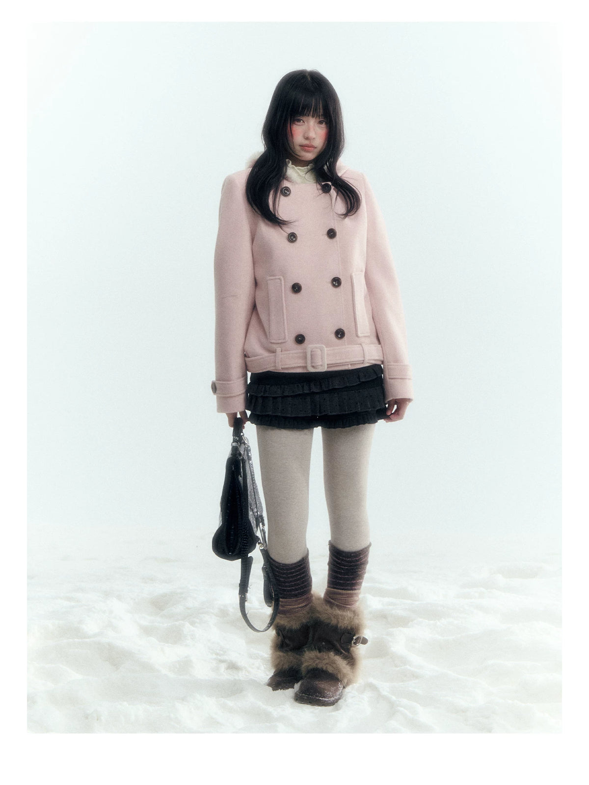 Horridale - Light Pink Double-Breasted Hooded Wool Blend Coat