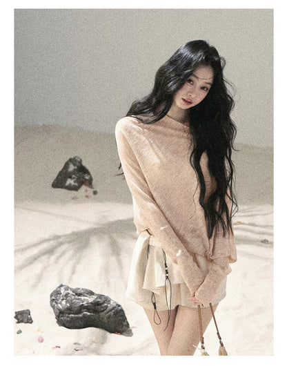 "Misty Veil Whisper" Blush Nude Pink Off-Shoulder Sheer Sun Protection Top 5345634