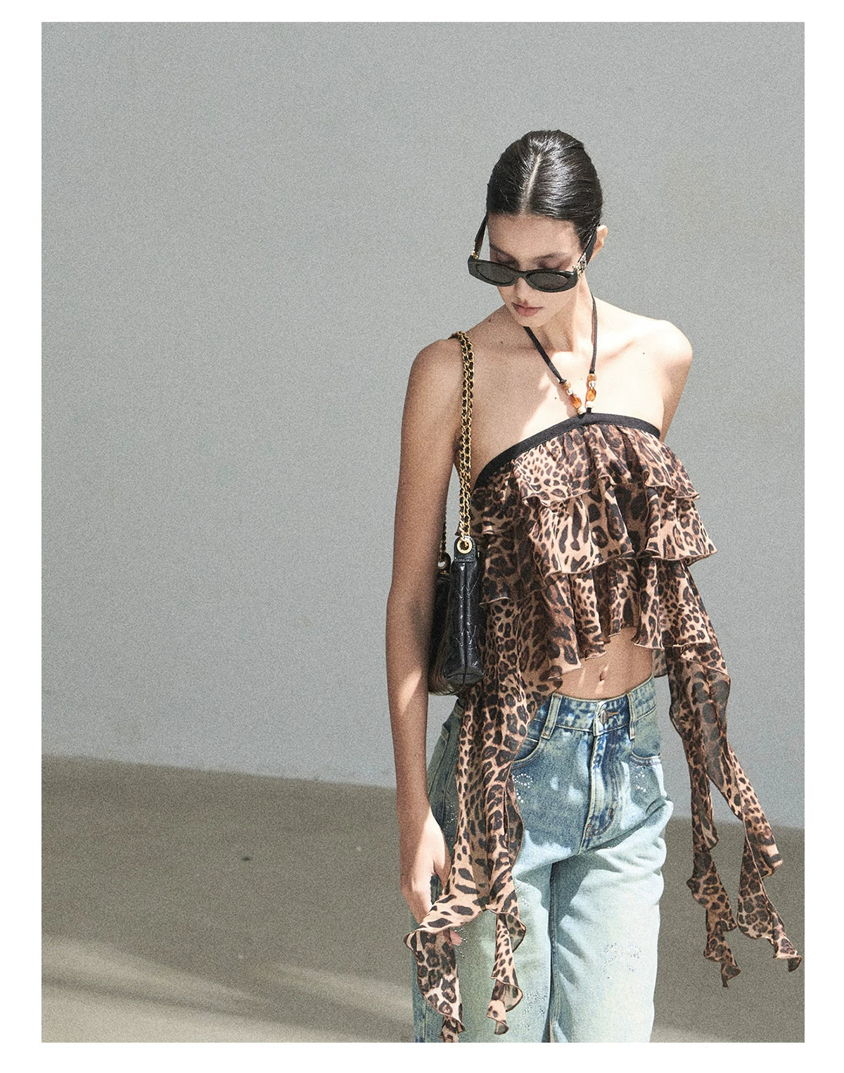 "Chasing the Sunset" Chestnut Brown Leopard Halter Ruffle Crop Top