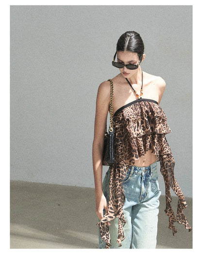 "Chasing the Sunset" Chestnut Brown Leopard Halter Ruffle Crop Top