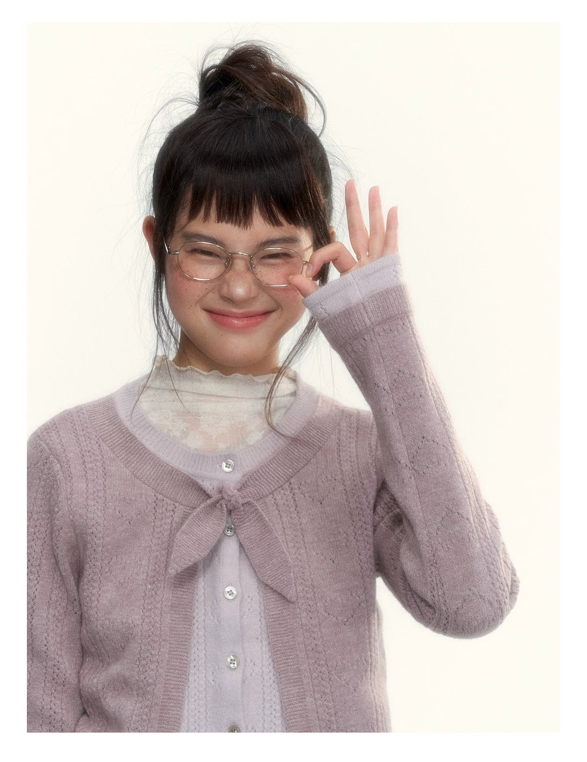 Korean Contrast Bow-Tie Layered Knit Cardigan (Blue / Purple)