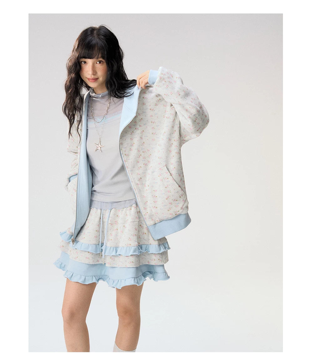 [CAN] "Misty Blue Floral Reverie" Light Blue Floral Set (Reversible Jacket / Sweatpants / Tiered Skirt)