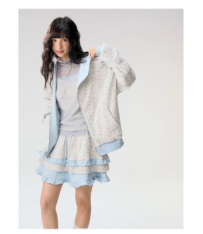 [CAN] "Misty Blue Floral Reverie" Light Blue Floral Set (Reversible Jacket / Sweatpants / Tiered Skirt)