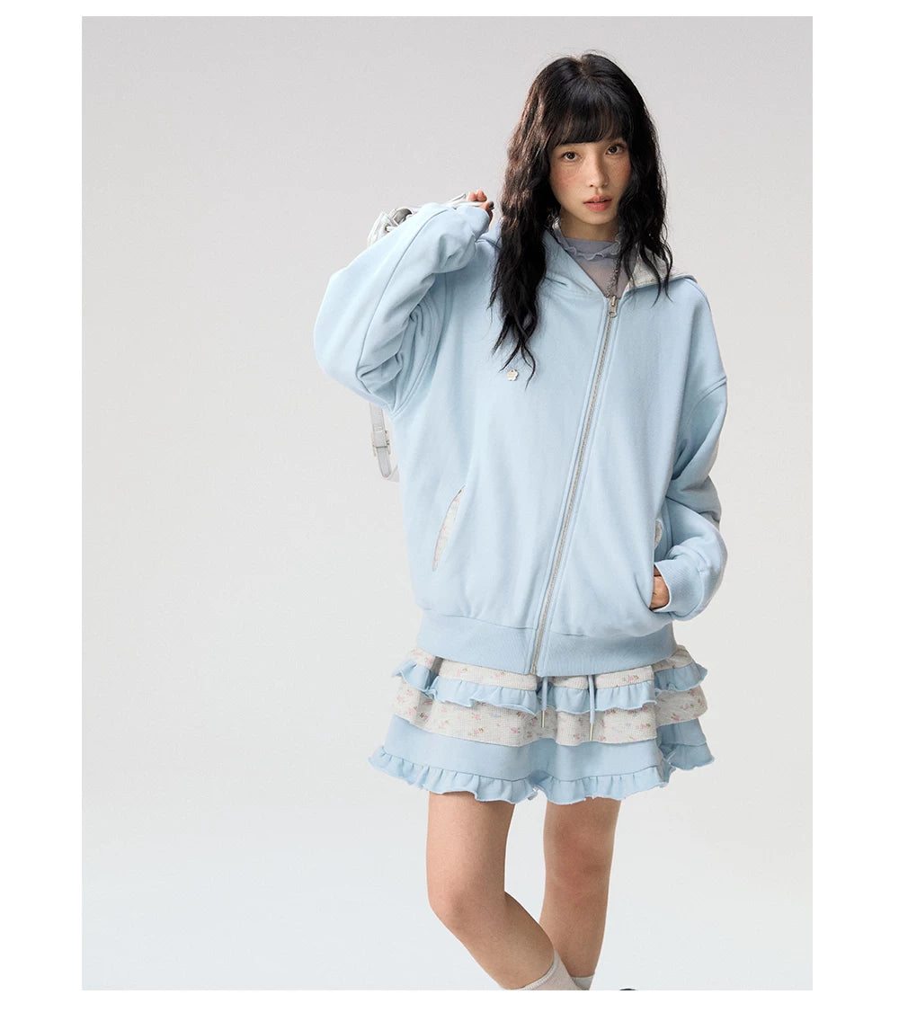 [CAN] "Misty Blue Floral Reverie" Light Blue Floral Set (Reversible Jacket / Sweatpants / Tiered Skirt)