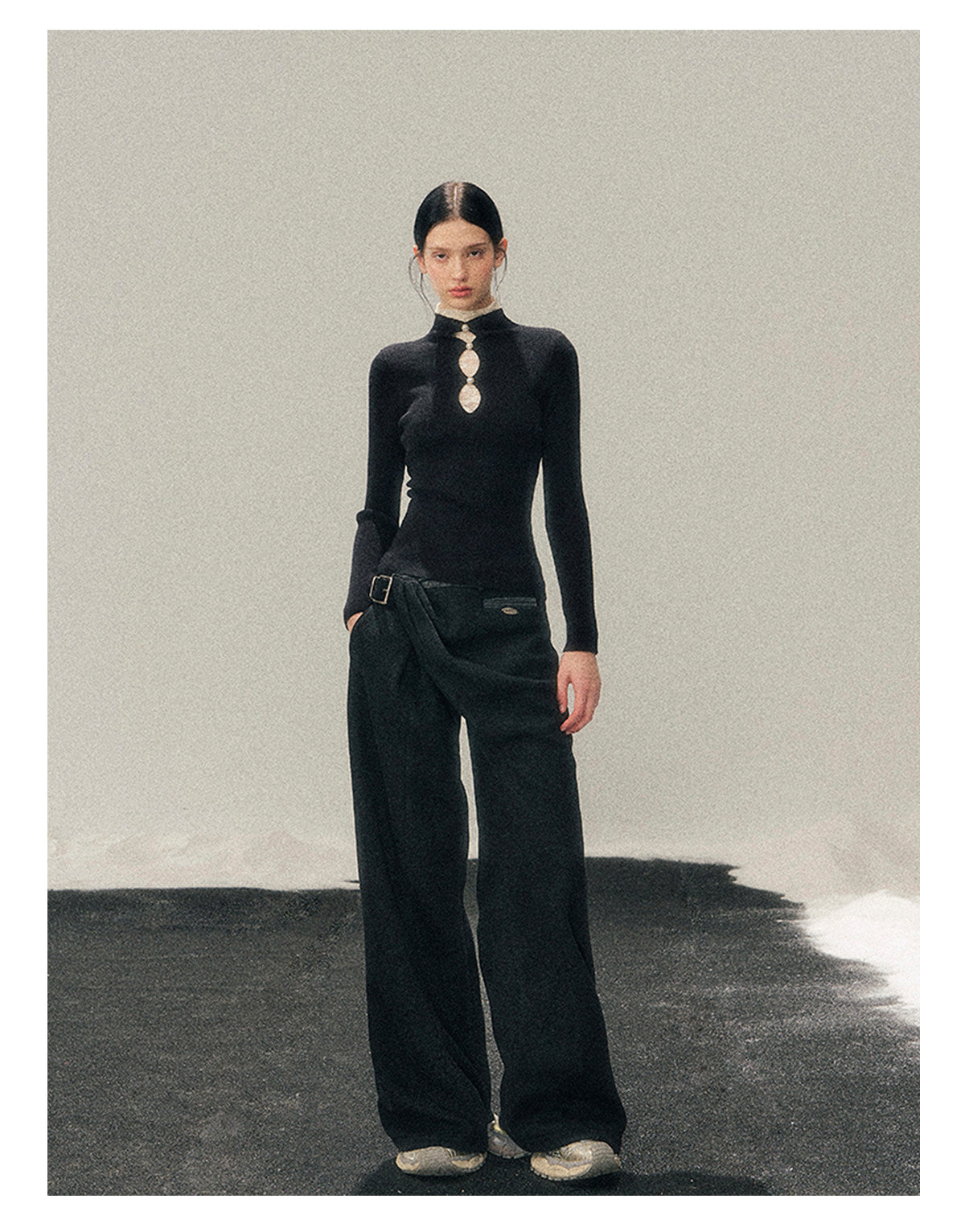 040126 "Lacewoven Dream" Mock Neck Layered Lace Knit Top - Obsidian Black