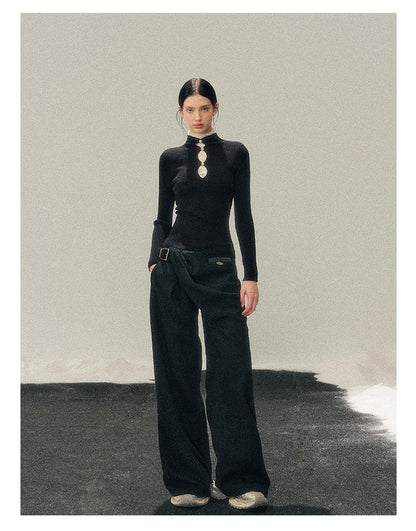 040126 "Lacewoven Dream" Mock Neck Layered Lace Knit Top - Obsidian Black